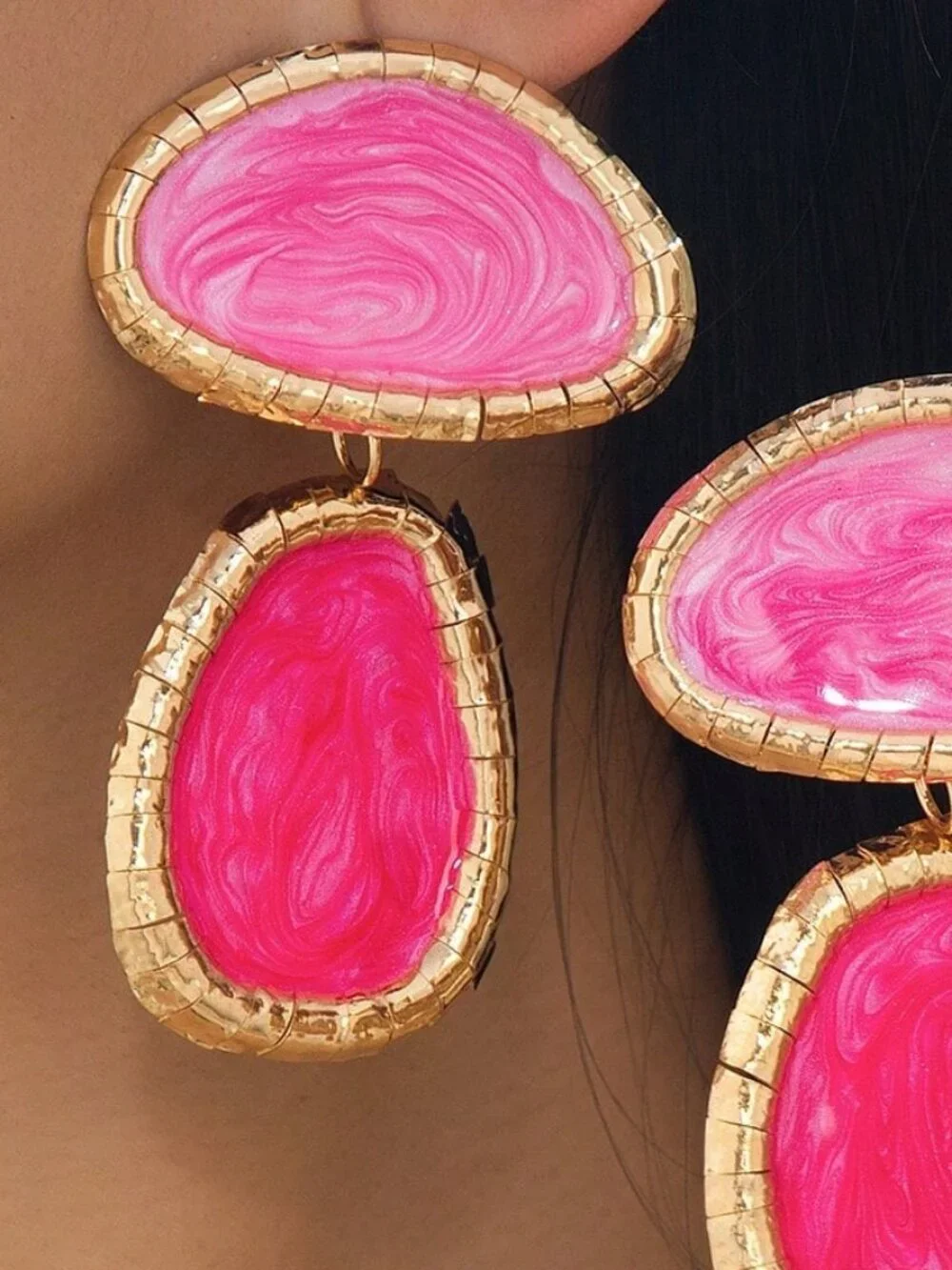 Pink Marble Swirl Gold Frame Women's Pendant Earrings